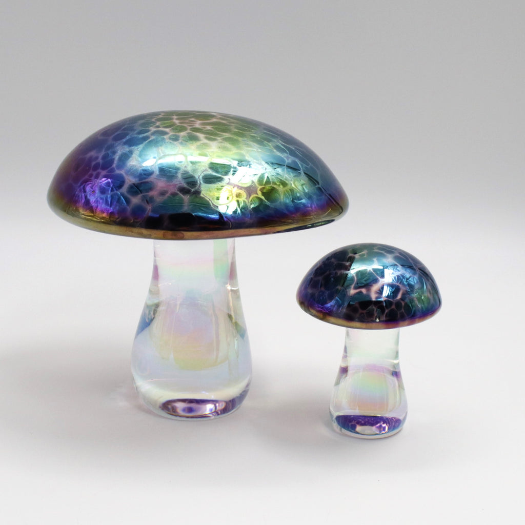 Set of Two Iridescent Glass Mushrooms