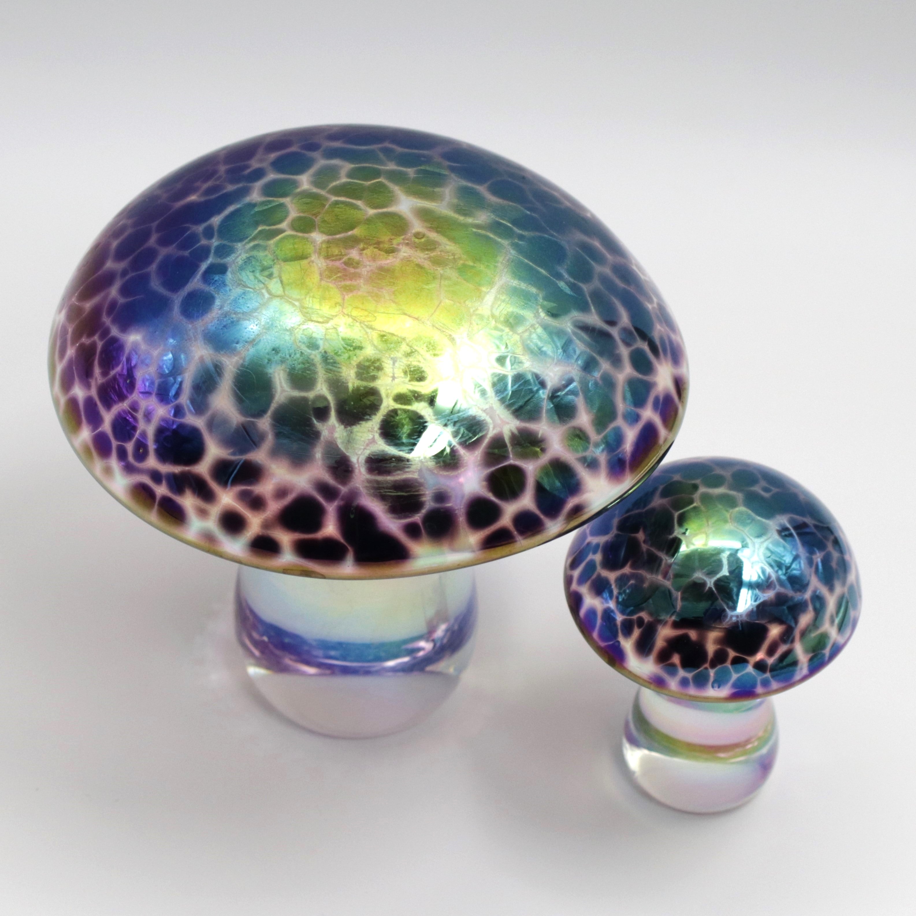 Set of Two Iridescent Glass Mushrooms